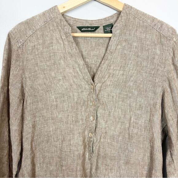 Eddie Bauer linen tunic top v-neck top women’s size S brown toupe - Picture 2 of 5